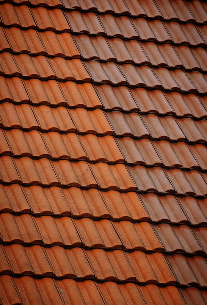 Detailed view of red clay roof tiles forming a repetitive pattern in warm sunlight.